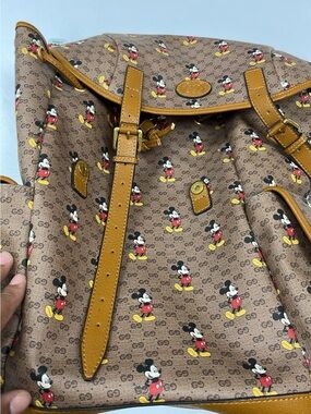 Gucci Brown/Tan Canvas Mickey Print Drawstring Bag